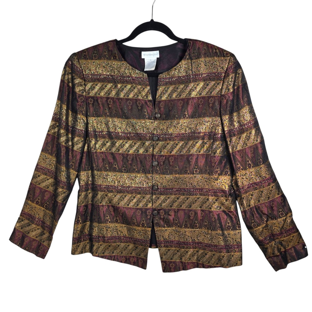 Worthington Vintage Metallic Gold Burgundy Tapestry Blazer Jacket Woman Size 14
